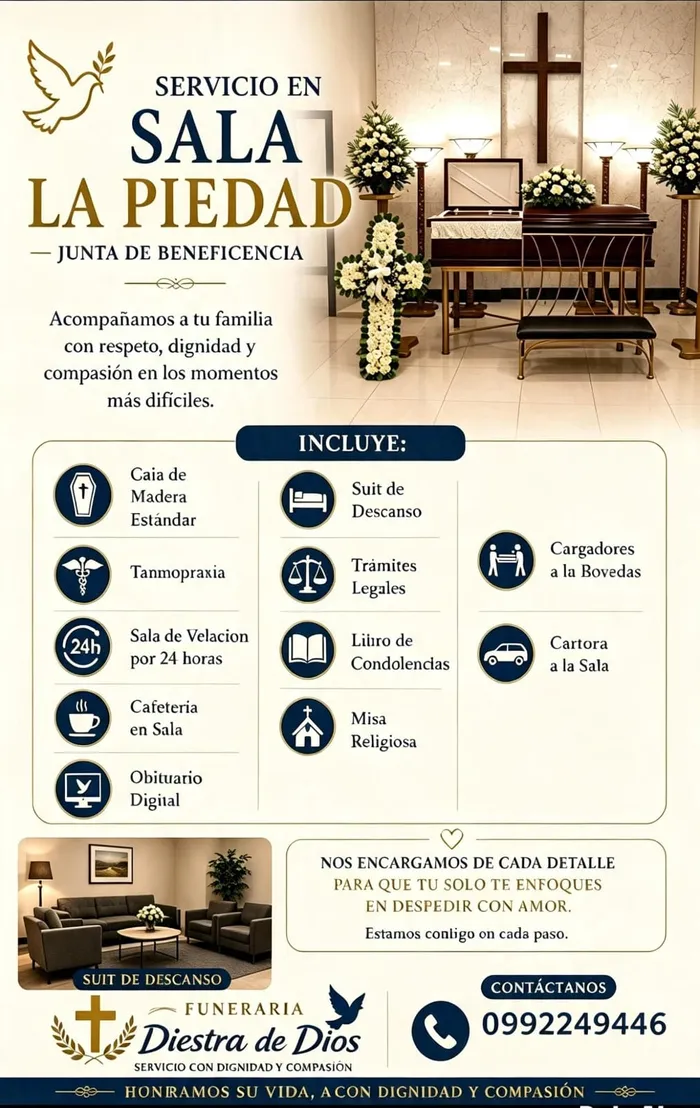 Paquete Servicio en Sala La Piedad: sala velatoria con ataúd y arreglo floral en forma de cruz
