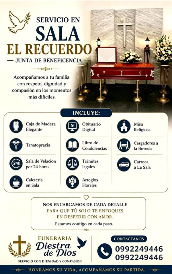 Paquete Servicio en Sala El Recuerdo: sala velatoria con ataúd de madera elegante